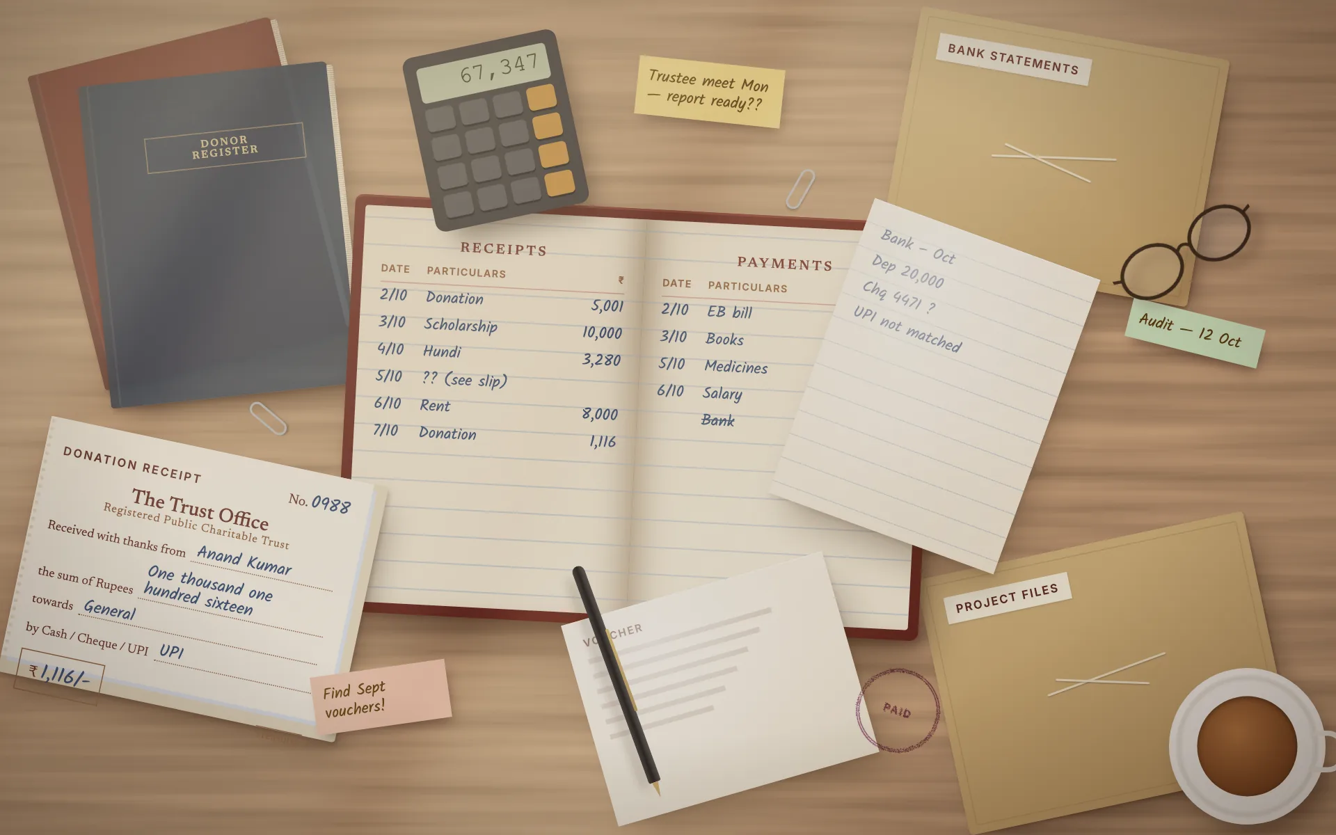 Before: registers, receipt books, loose vouchers, sticky notes and bank statement files crowding a Trust office desk