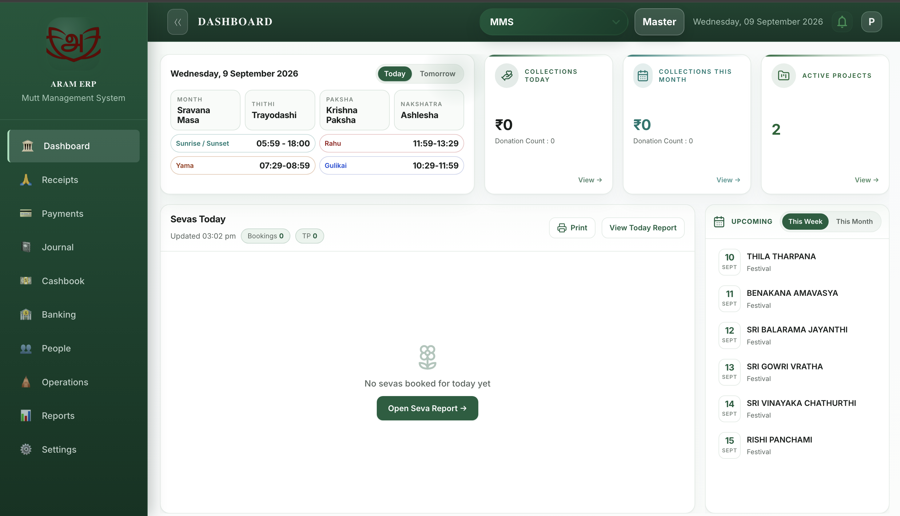 Aram ERP dashboard showing collections, projects, seva activity, and upcoming events
